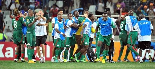 Burkina Faso's players celebrate beating Ghana on penalties on February 6, 2013 in Nelspruit